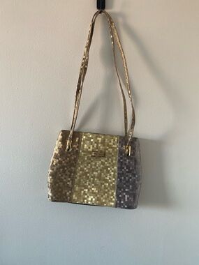 Metallic Mosaic Shoulder Tote in Gold and Taupe
